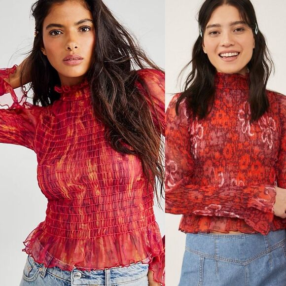 Free People Hello There sheer ruched mock-neck top red orange mesh | medium - Picture 2 of 13